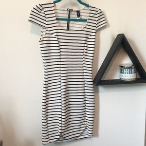 Black and White Striped Bodycon Dress with Scallop